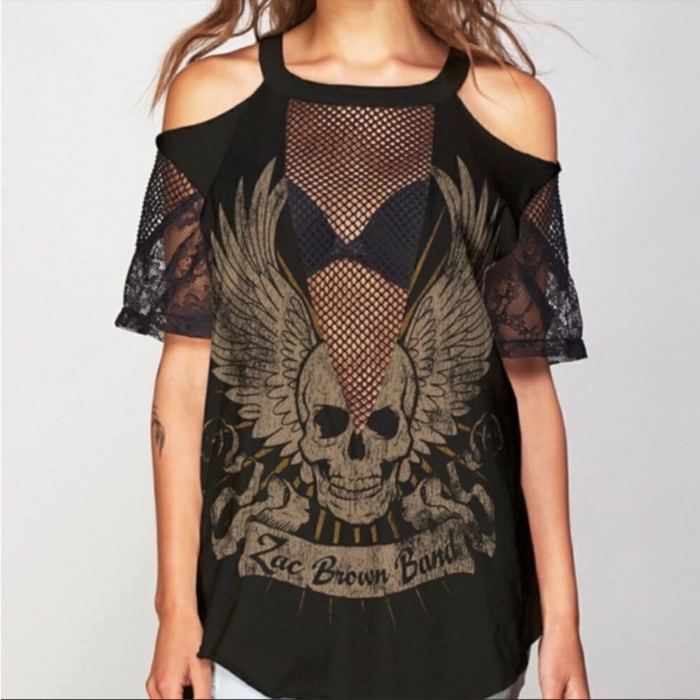 Trunk LTD Zac Brown Distressed Lace Sheer Mesh Detailing Black Graphic Shirt